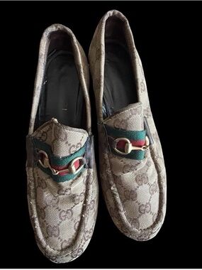 Gucci Beige GG Canvas Loafers with Green and Red Web & Gold Horsebit